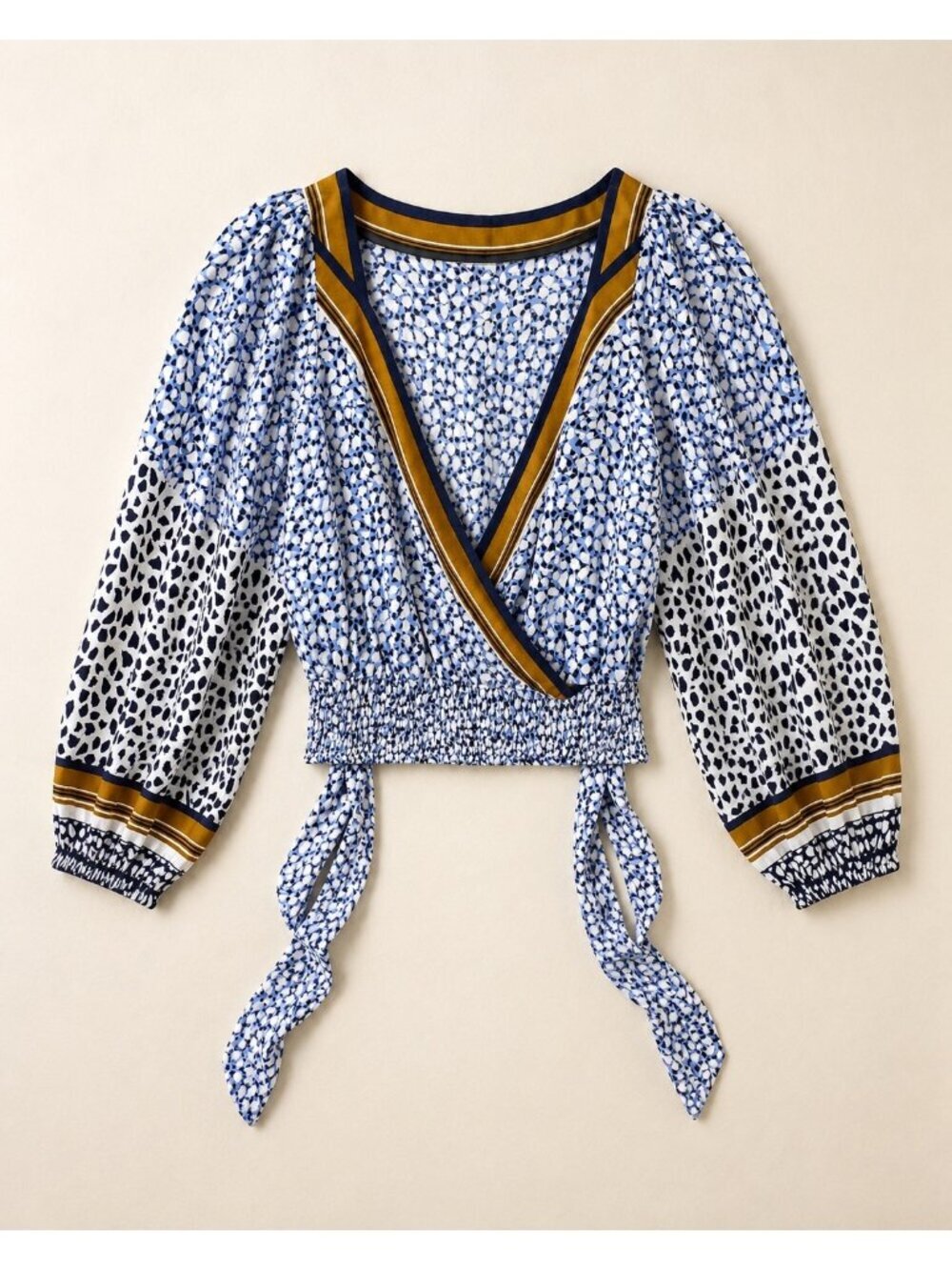 Maeve By Anthropologie Blue & White Wrap Blouse With Gold Detail XS 3/4 Sleeves